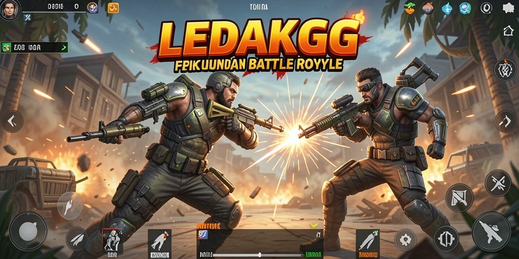 Screenshot gameplay LEDAKGG dengan aksi pertempuran Battle Royale yang intens.