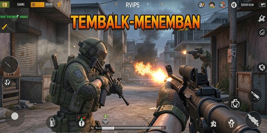 Screenshot gameplay RVIP5 dengan aksi tembak-menembak yang menggugah adrenalin.