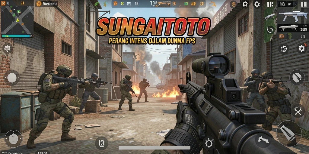 Tangkapan layar gameplay SUNGAITOTO sedang dalam aksi tembak-menembak seru.
